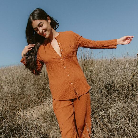 Sister Katie Cotton Gauze Sally Shirt XS Cinnamon Organic Long Sleeve Blouse Top - Picture 7 of 8